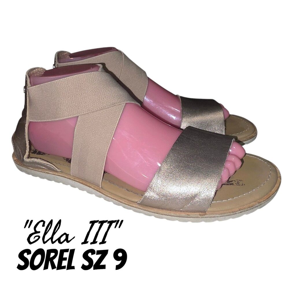 SOREL Ella III Sz 9 Gold Metallic & Tan Elastic Straps Beach Logo Fun Sandal